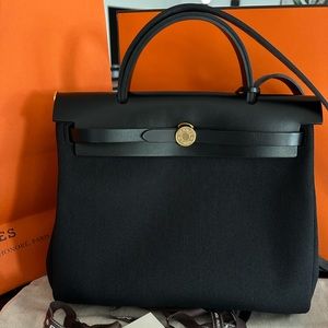 HERMES Herbag Zip 31 Black Noir Canvas Gold Hardware